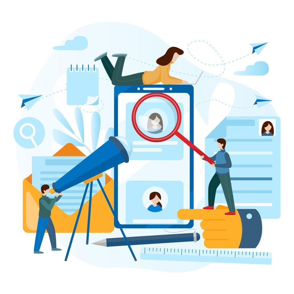 Tiny people are looking for a candidate. Concept of human resources, choice, career, employment, CV, job search, professional skill. vector