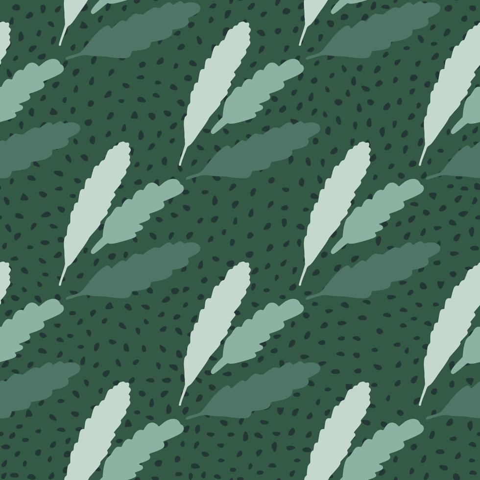 Simple seamless doodle pattern with floral leaves on green background with dots. vector