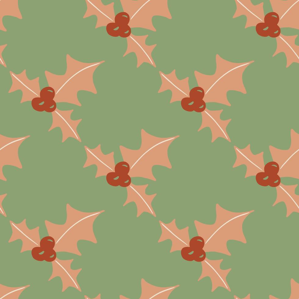 Pale pink mistletoe new year branches seamless doodle pattern. Green background. Winter stylized holiday backdrop. vector