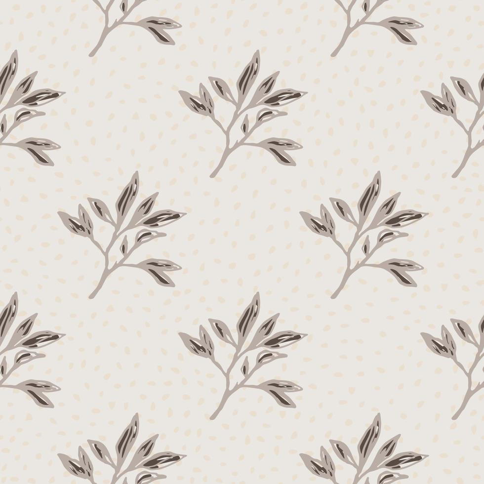 Minimalistic seamless pattern with branches ornament. Outline foliage in brown colors on light grey dotted background. vector