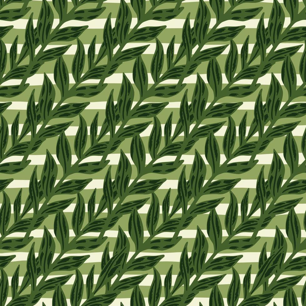 Forest seamless pattern with diagonal foliage ornament. Light stripped background. Botanic artwork in green tones. vector