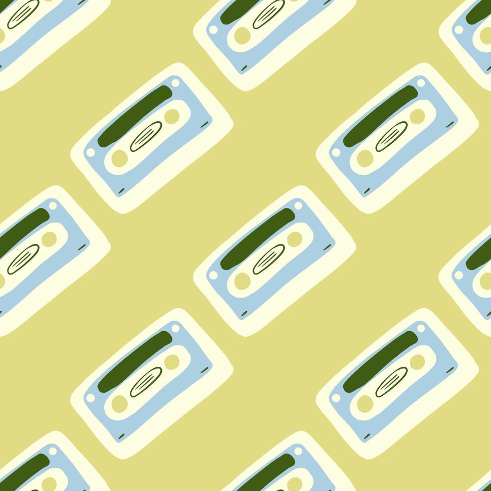 Blue and white colored cassette silhouettes seamless pattern. Simple hand drawn music print on pale yellow background. vector