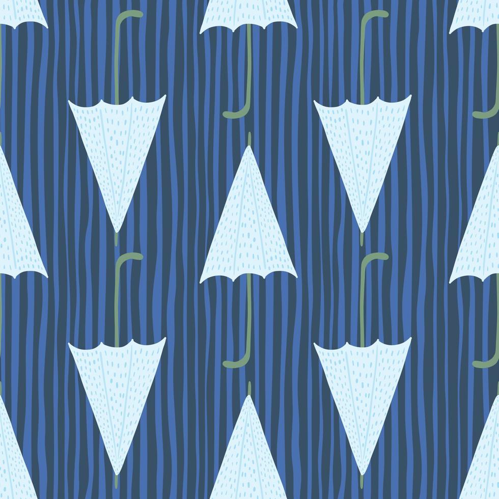 Seamless seasonal pattern with umbrella light turquoise elements. Navy blue striped background. vector