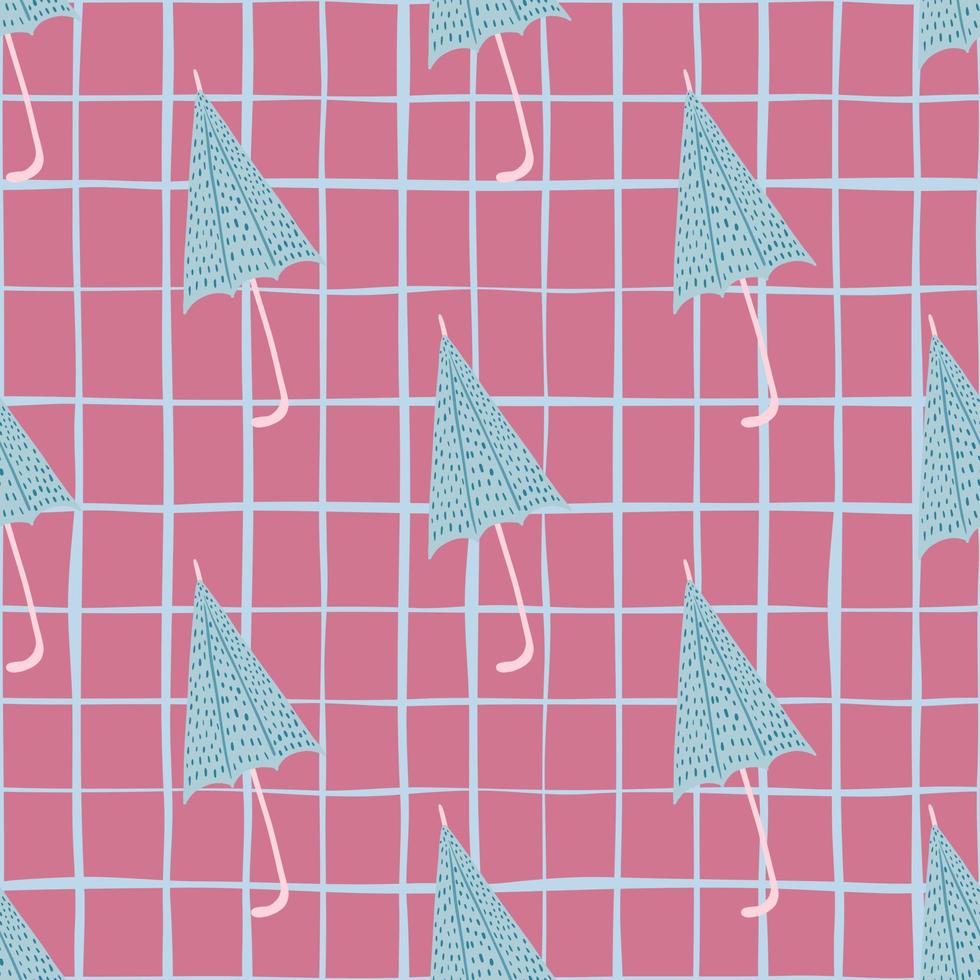 Raindrop seamless pattern with style accessory ornament. Umbrella blue shapes on pink chequered background. vector