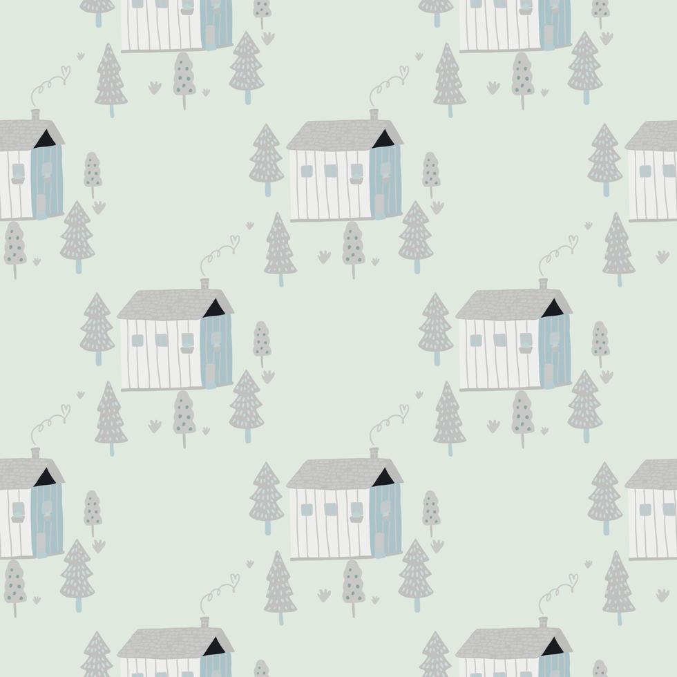 patrón transparente pastel claro con casa de garabatos con adorno de árbol. ilustraciones estilizadas de paleta azul suave. vector