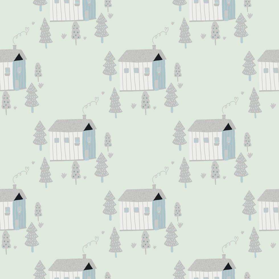 Light pastel seamless pattern with doodle house with tree ornament. Soft blue palette stylized artwork. vector