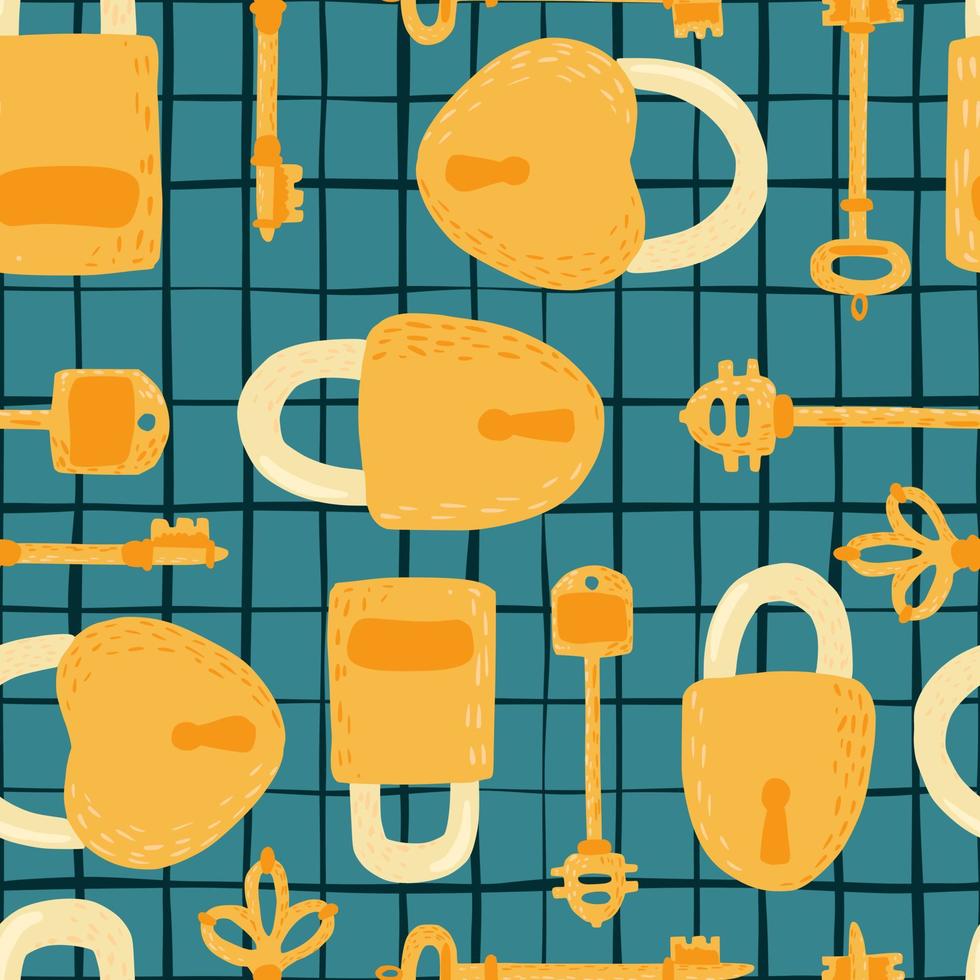 Key and lock seamless pattern on lines background. vector