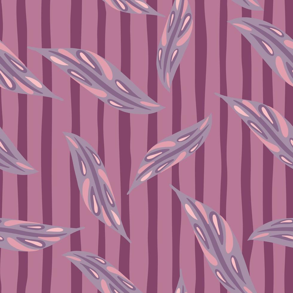 Seamless random foliage pattern with doodle abstract leaves ornament. Violet stiped background. vector