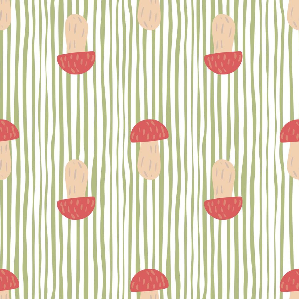 Decorative seamless pattern with red fungus mushroom silhouettes. Green and white striped background. vector