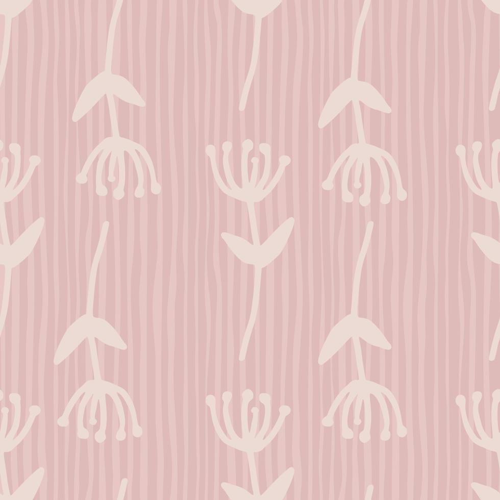 Nature seamless flowers shapes pattern. Floral motif in light tone on pink stripped background. vector