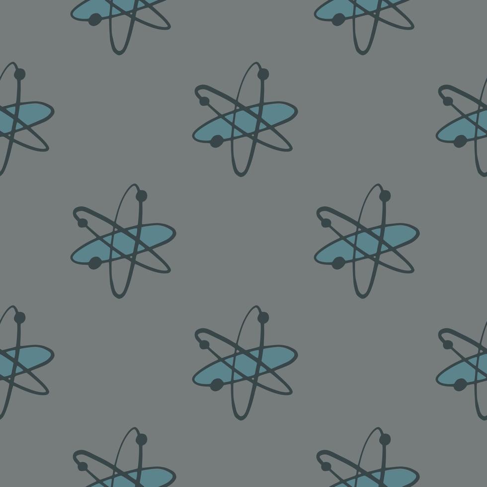 Science seamless pattern with doodle molecule ornament. Black and blue colored atoms on grey background. vector