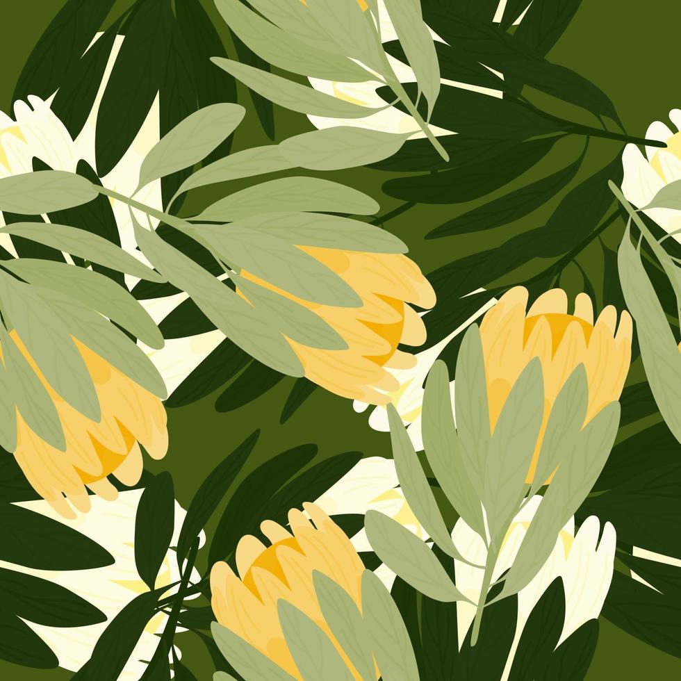 patrón floral botánico sin fisuras con adorno de flores de protea. elementos de follaje verde. impresión aislada. vector