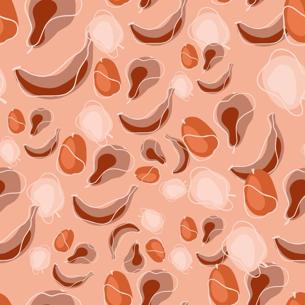 Seamless abstract pattern with random fruits silhouettes. bananas, apples, pears, plums. Pink pastel background. vector