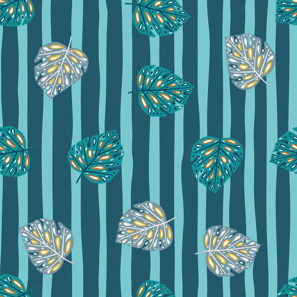 patrón sin costuras de follaje tropical en estilo dibujado a mano con estampado de hojas de monstera al azar. fondo de rayas azules. vector