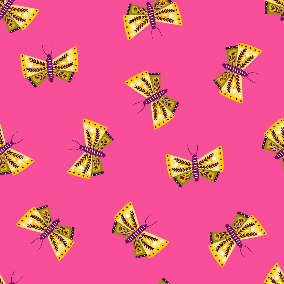 Summer bright seamless pattern with bright colors yellow folk butterfly shapes. Pink background. vector