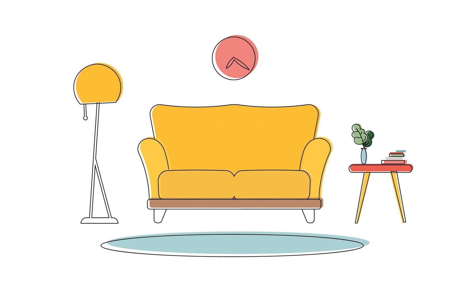 Interior elements in color line art style. Carpet, houseplant, books, chest of drawers, floor lamp, sofa. vector