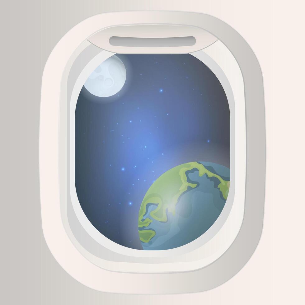 An airplane window with the earth and moon seen through it vector