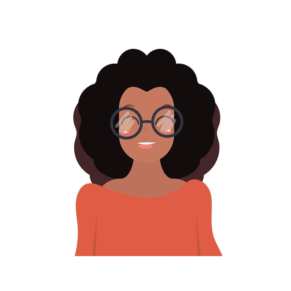 African-American girl with glasses. A dark-skinned cute girl with black curly hair. Cartoon style. Vector illustration. Isolated on white background.