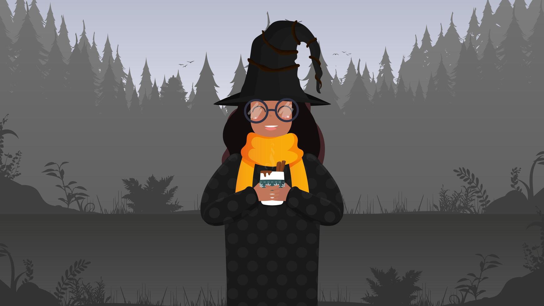 African American girl dressed as a witch in the forest. Halloween theme. Cartoon style. Vector illustration.