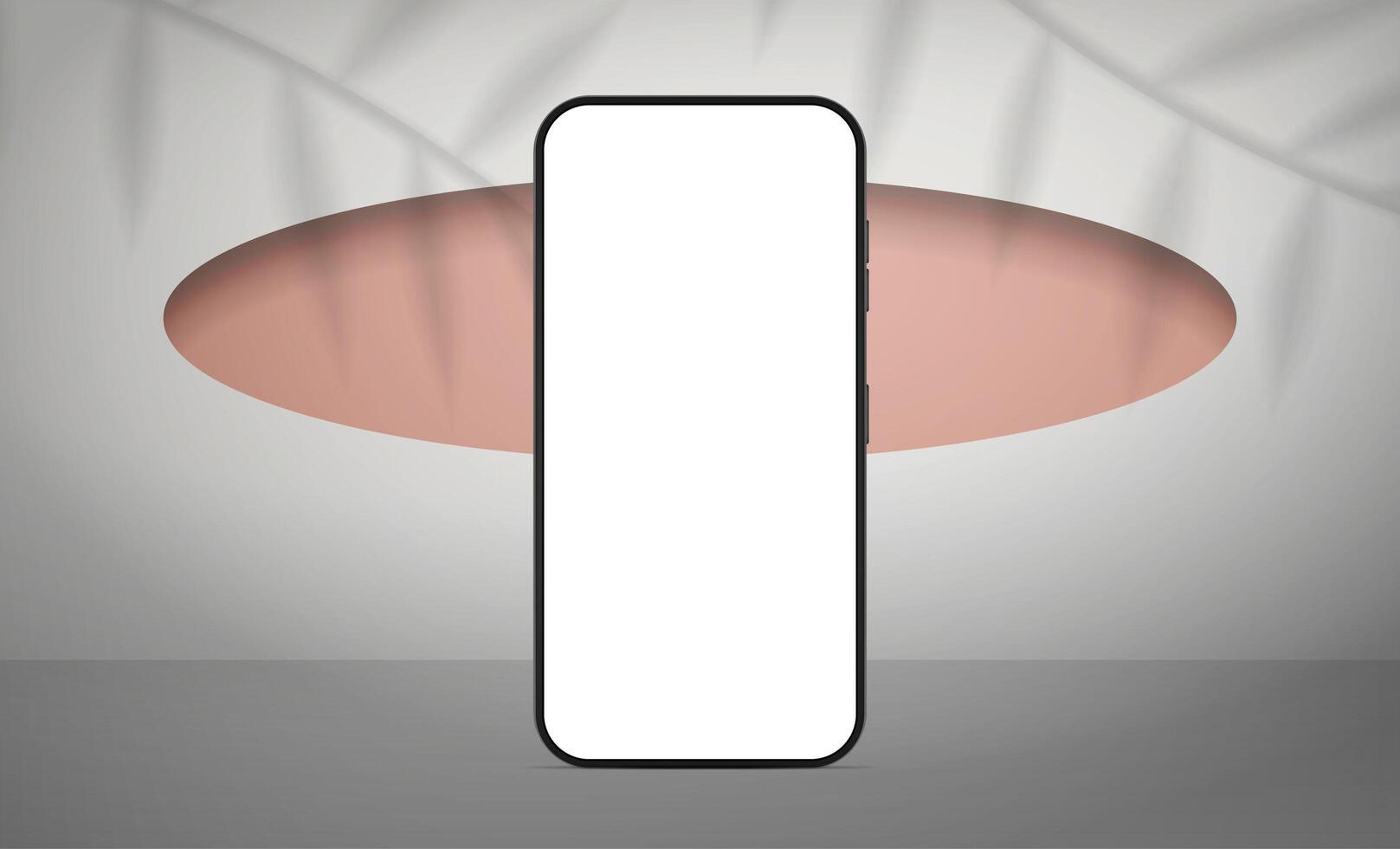 Mobile phone with a white screen. White studio. Studio background space with leaves shadows. Ready-made banner for advertising mobile applications. Vector. Realistic style. vector