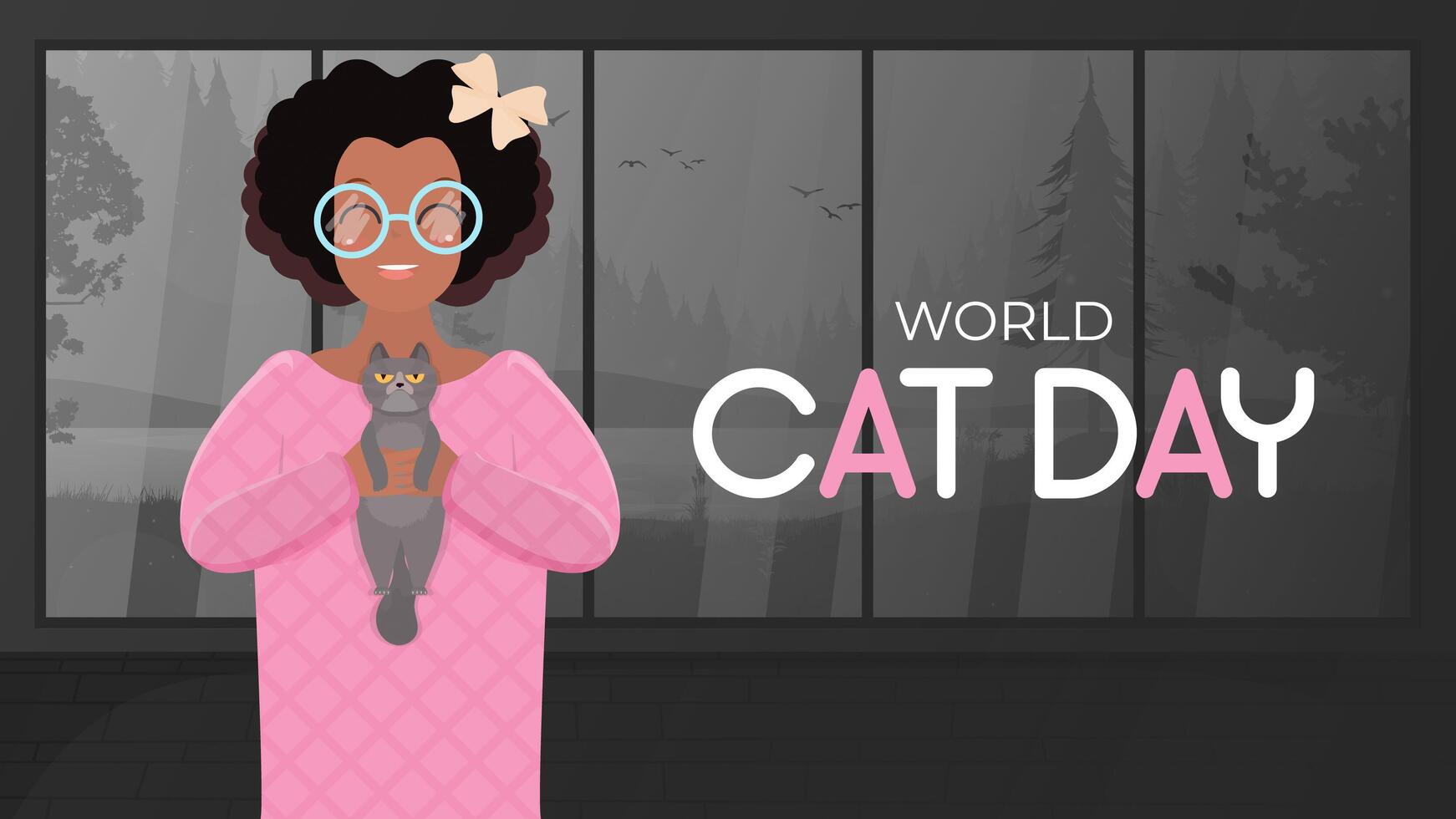 World cat day banner. A dark-skinned girl with curly hair is holding a gray cat. African American girl playing with a cat. Flat style. Vector