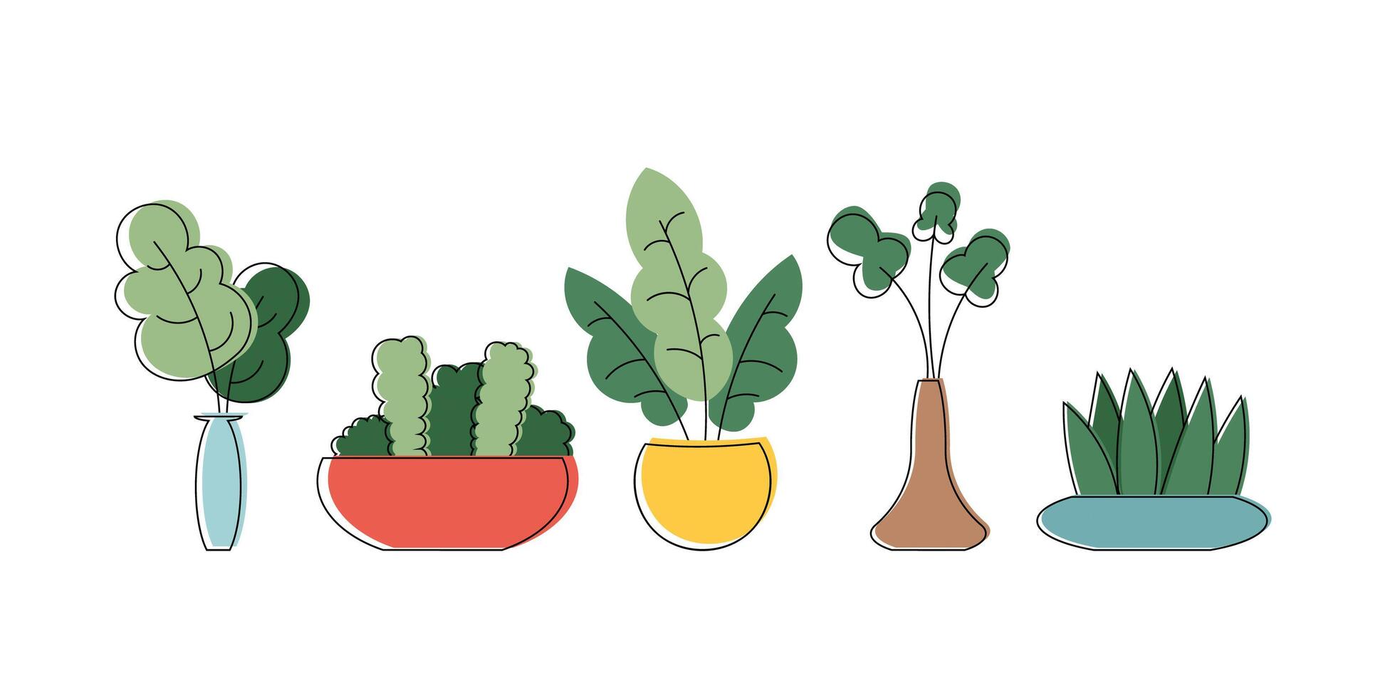 Sketch style, doodle plants. Set with colorful hand drawn flower pots. Botany illustration. . vector