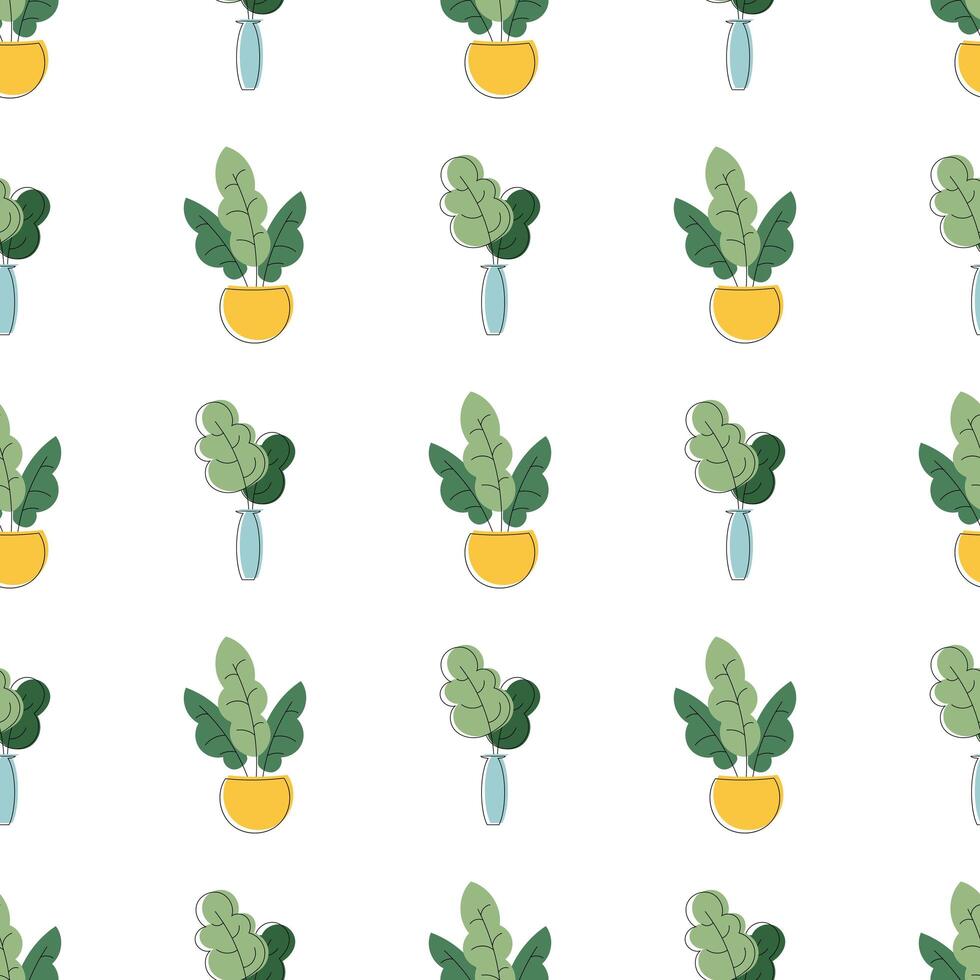 Minimalistic background with flower pots and triangles. Seamless pattern with flowers. Vector