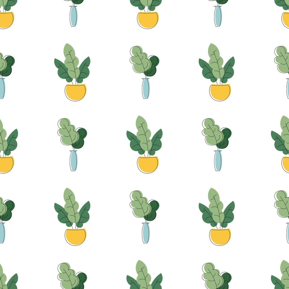 Minimalistic background with flower pots and triangles. Seamless pattern with flowers. Vector