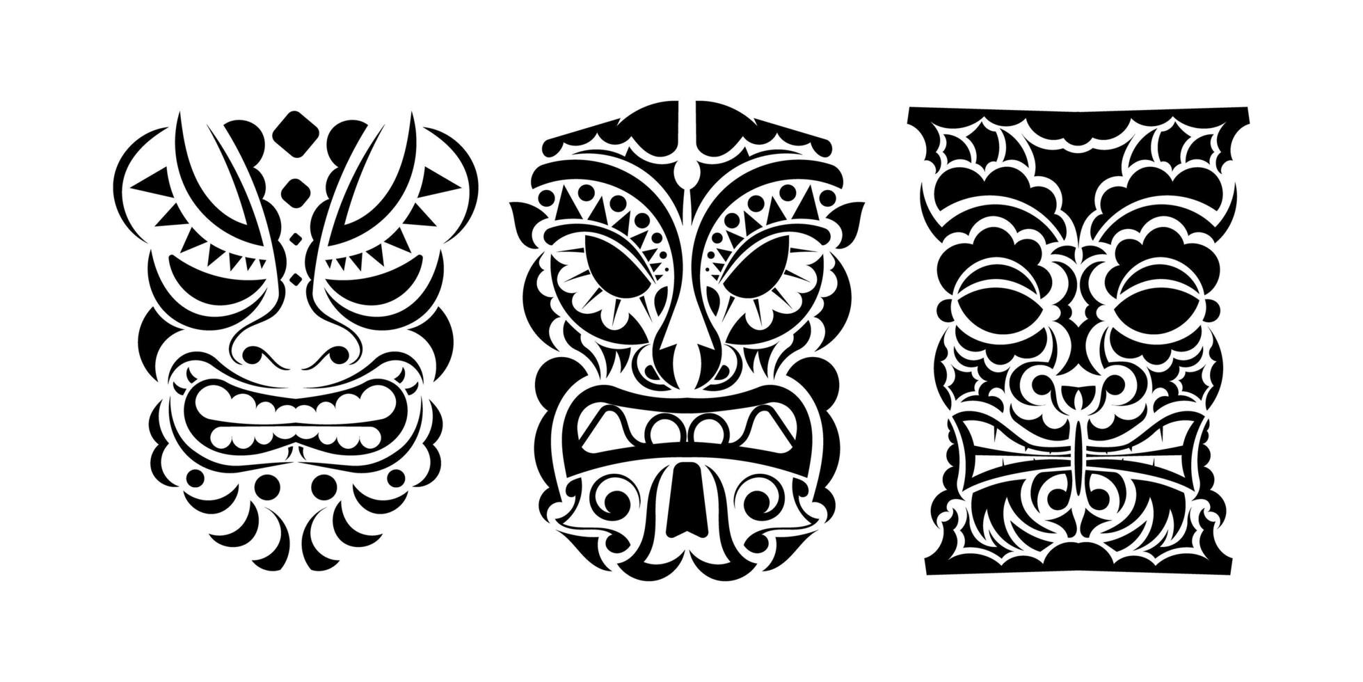 conjunto de caras tatuadas o máscaras en estilo ornamental de tribus polinesias, maoríes o hawaianas. vector