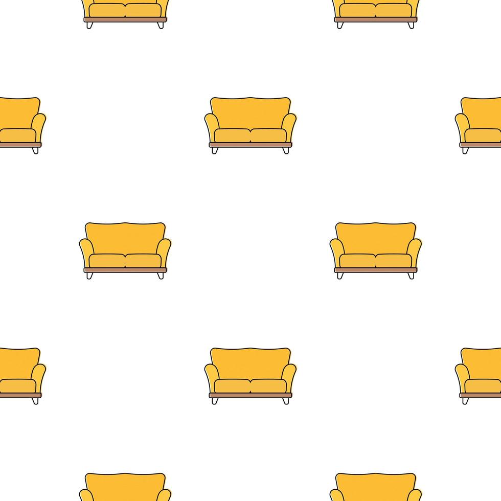 Seamless pattern with a yellow sofa. Minimalism background with flower pots and triangles. Line art. vector