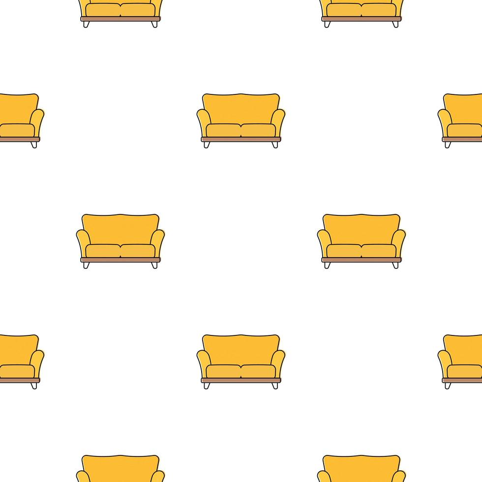 Seamless pattern with a yellow sofa. Minimalism background with flower pots and triangles. Line art. Vector