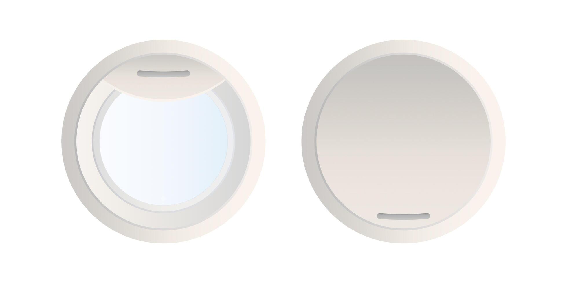 Realistic gray porthole isolated on white background. Open and closed window of a spaceship or airplane. Vector illustration
