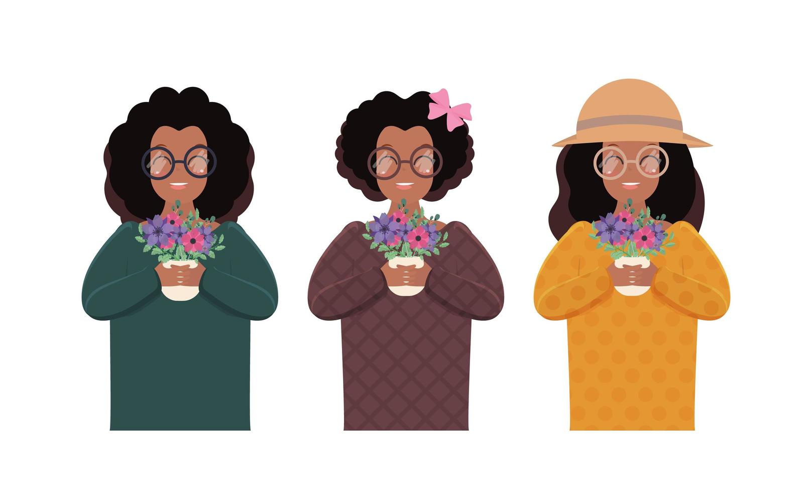 A set of African girls who are holding a pot of flowers. Dark-skinned cute girl and flowers. Isolated. Venctor. vector