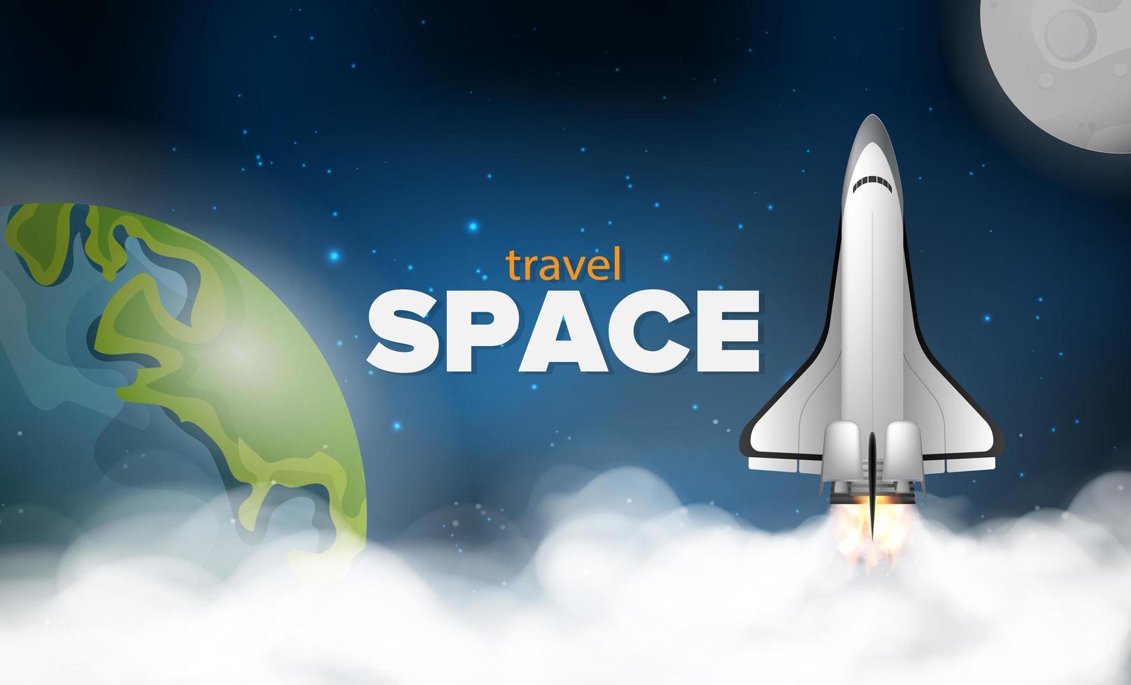 Space travel banner. A rocket or shuttle flies through space against the background of space, the planet earth and the moon. Vector illustration.