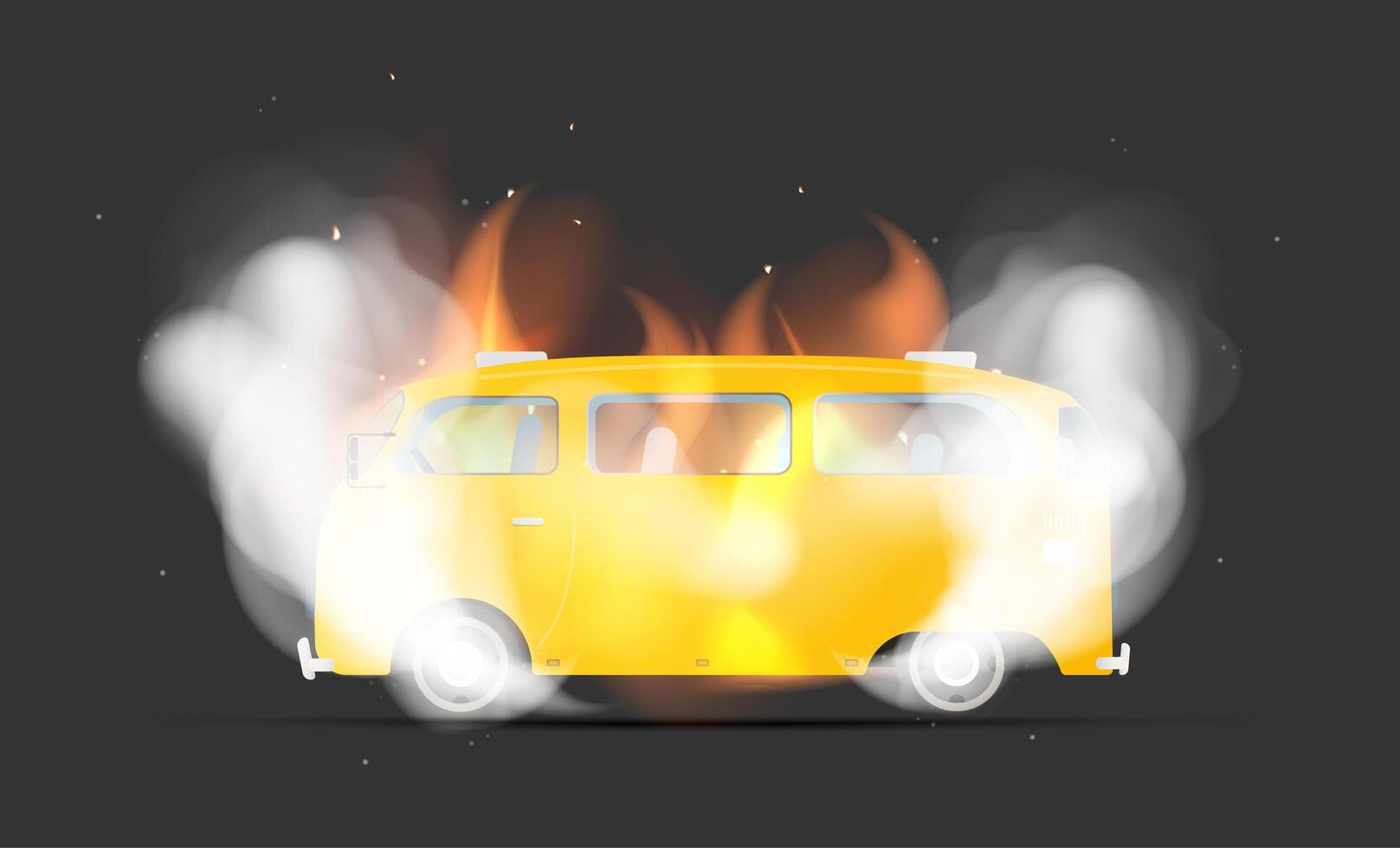 Yellow bus in flames and smoke. The bus is on fire. Isolated. Vector illustration.