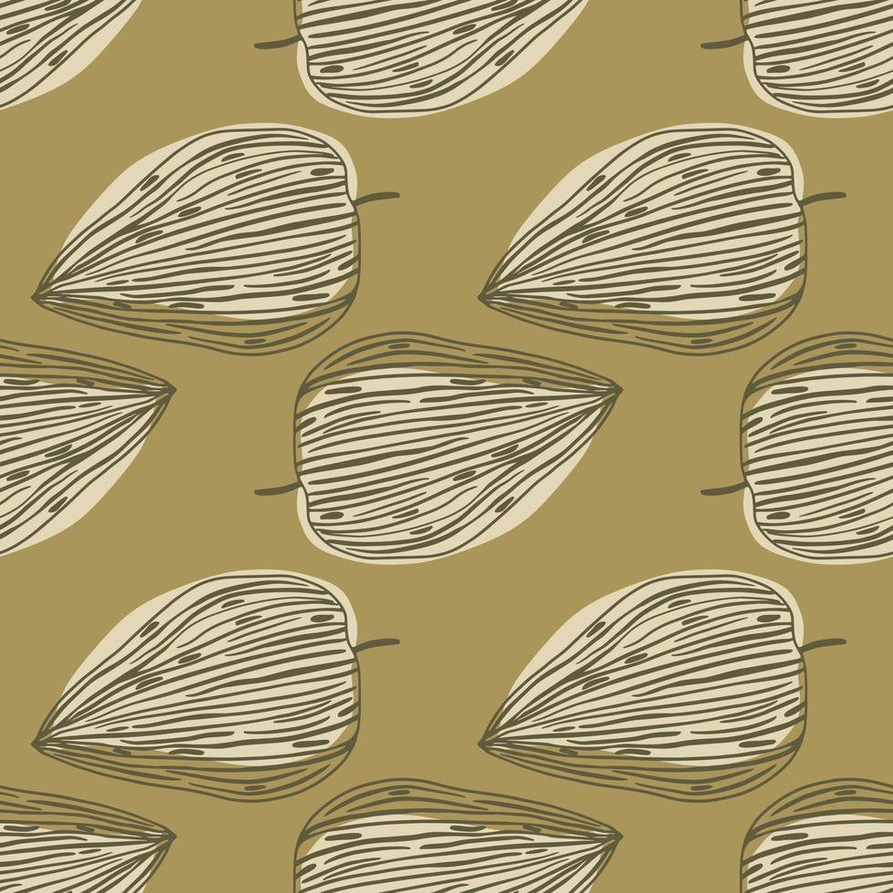 Fall season seamless pattern with leaf outline shapes. Light beige floral ornament on brown background. vector