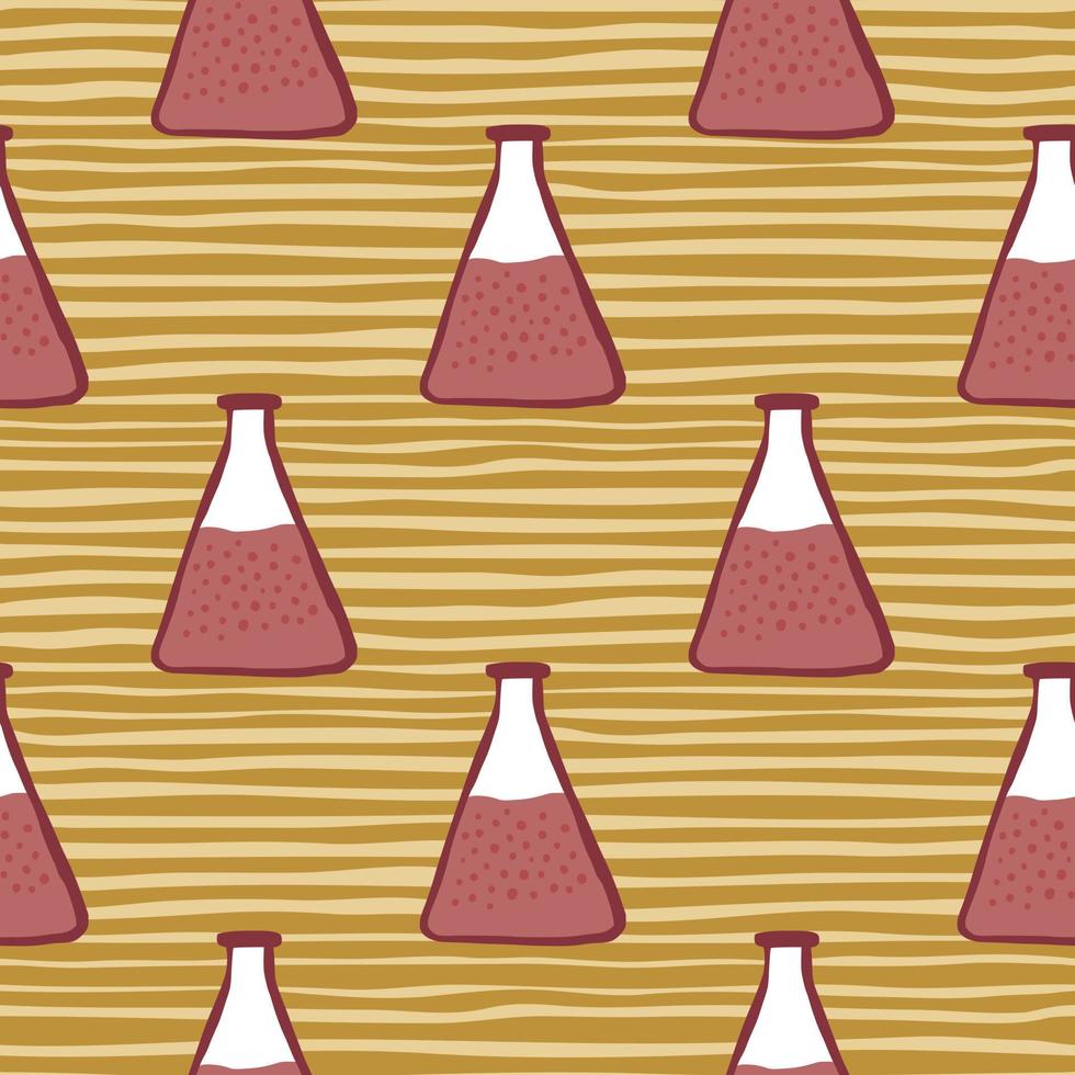 Seamless chemistry pattern with maroon glass bulb silhouettes. Simple flask print on striped ocher background. vector