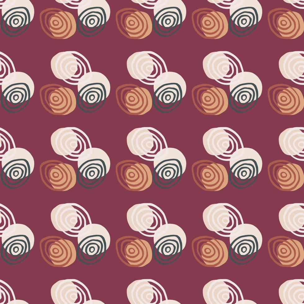 Orange, blue and white spirals on burgundy background. Geometric abstract seamless pattern. vector