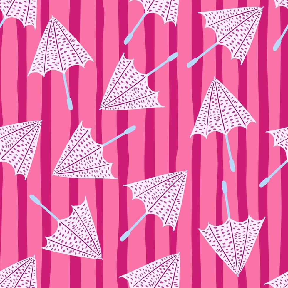 Random seamless doodle pattern with white umbrellas. Pink striped bright background. vector