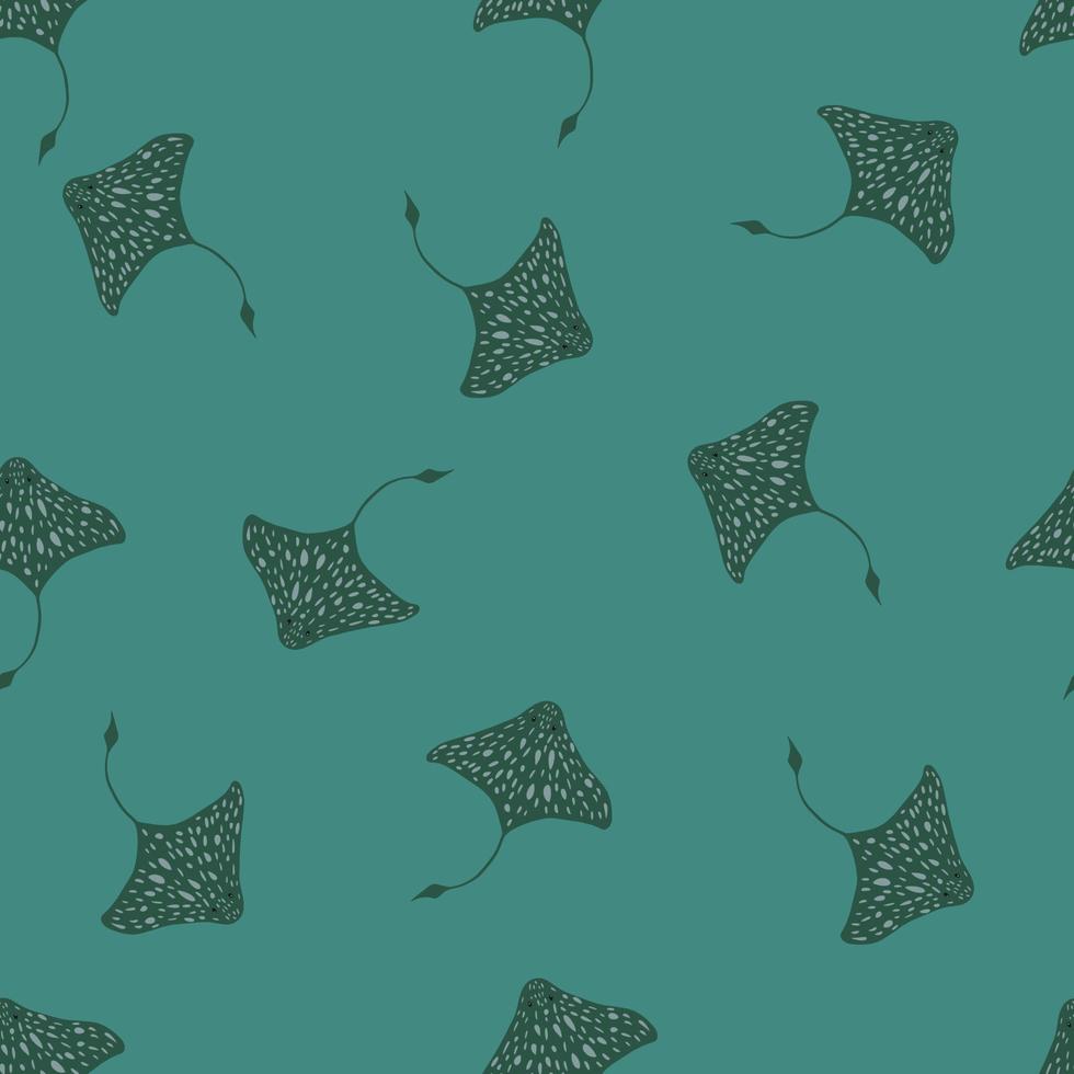 Random stingray seamless pattern in hand drawn animal style. Green ornament on turquoise background. vector