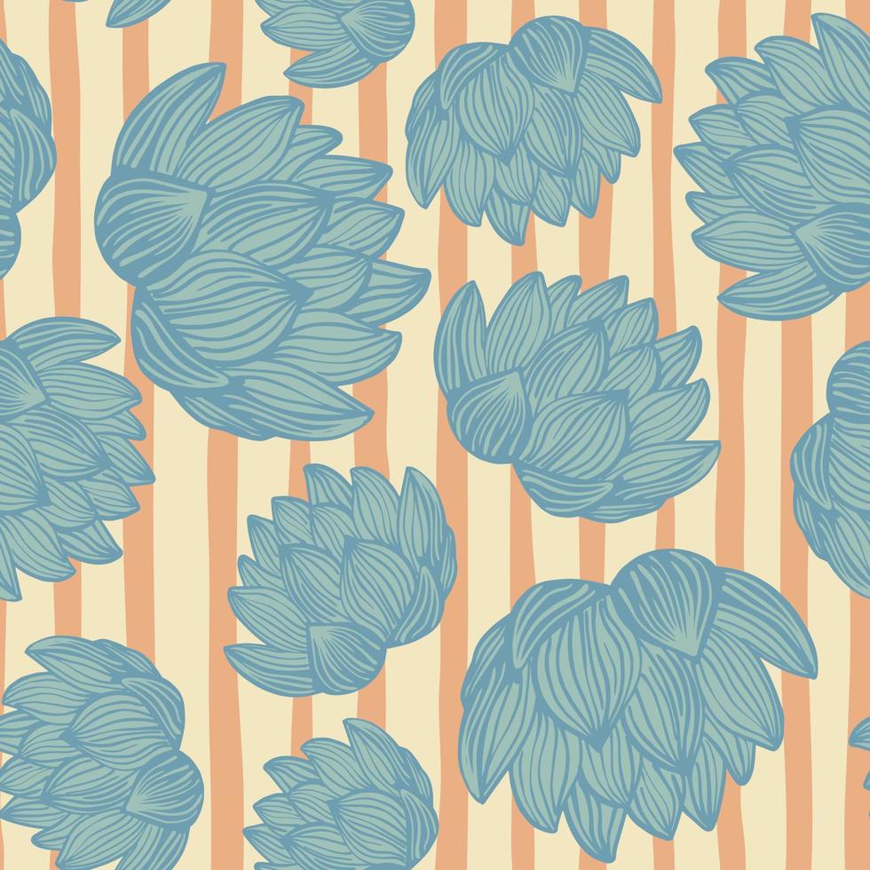 Random seamless pattern with blue colored lotus flower shapes. Orange striped background. Decor print. vector