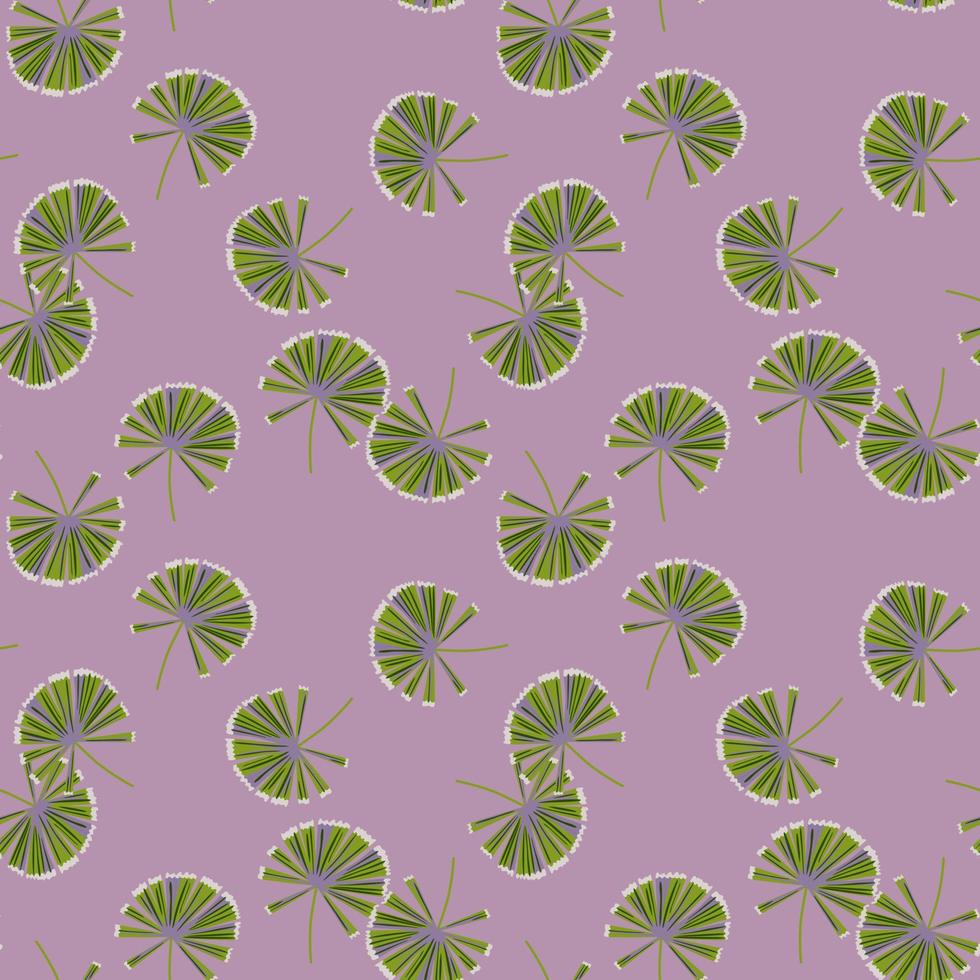 Seamless botanic pattern with random green palm licuala silhouettes. Purple pastel background. vector