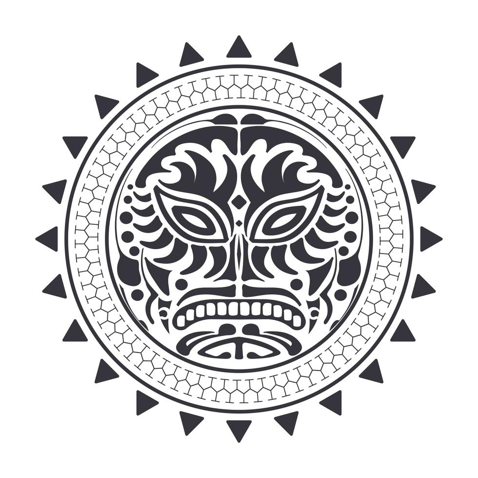 Round tattoo mask in the Polynesian style. Black and white tattoo of the Mayan tribe. Isolated. Vector illustration.