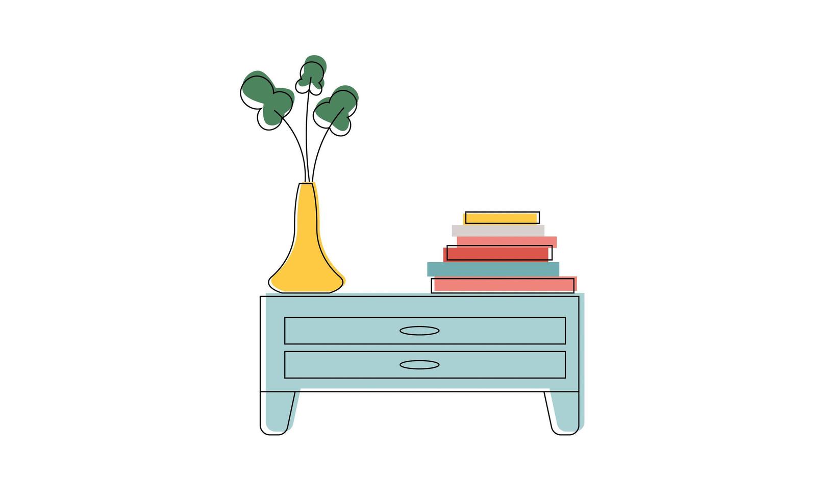 Chest of drawers or nightstand in line art style. A houseplant and books are on the cupboard. Vector illustration.