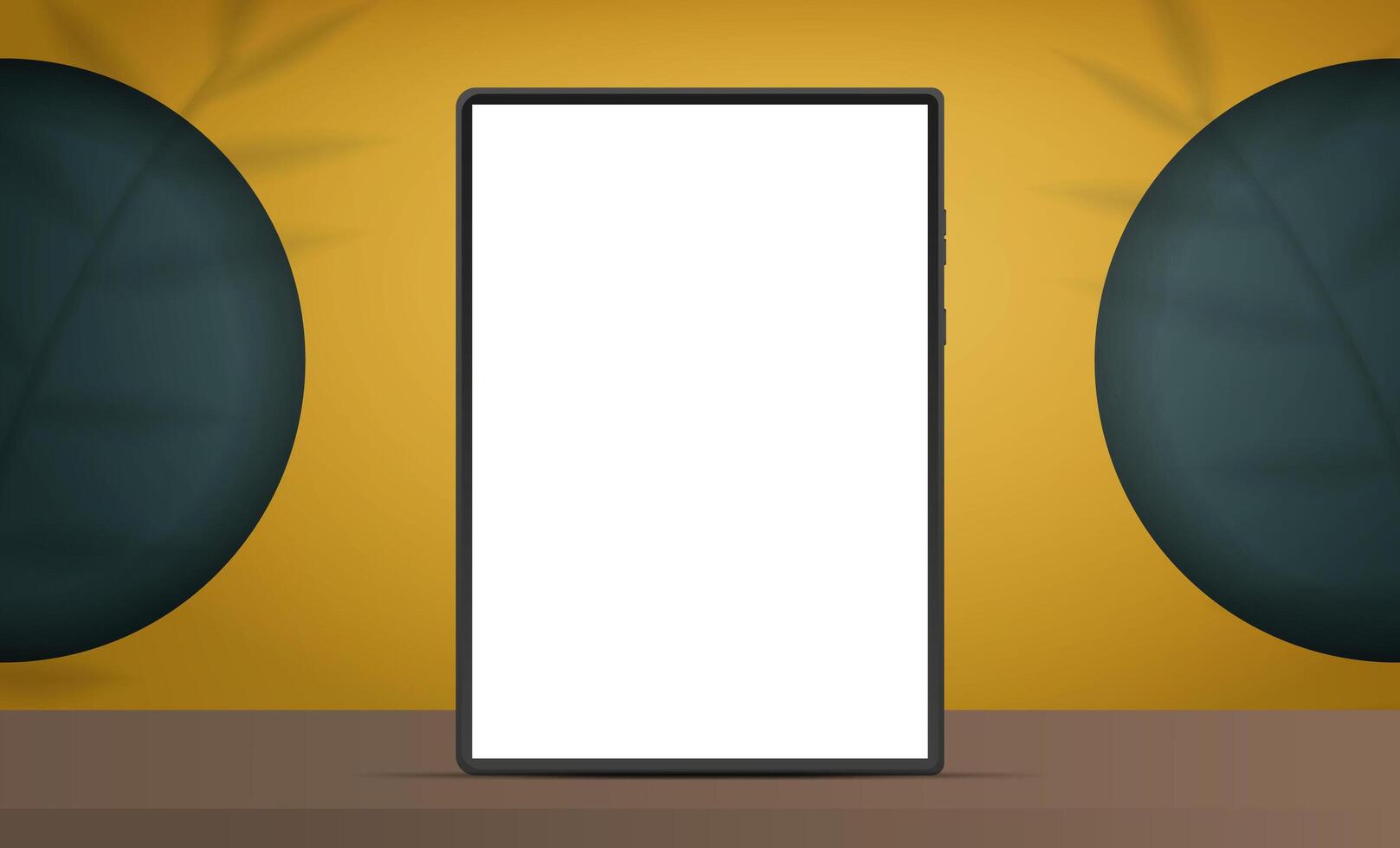 Tablet with a white screen. Yellow room with design background and empty shelf. Yellow studio background space with leaf shadows. Vector. Realistic style. vector