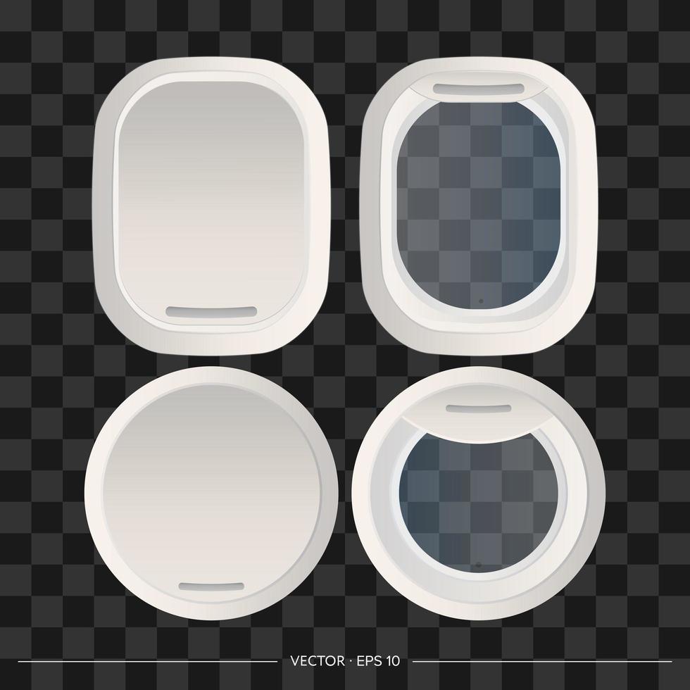 conjunto de ojos de buey grises realistas aislados en un fondo blanco. ventana abierta y cerrada de una nave espacial o avión. ilustración vectorial vector