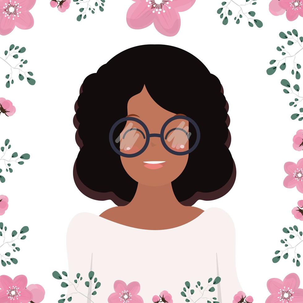 African American girl with glasses. Dark-skinned cute girl with black curly hair. Floral frame, square banner. Cartoon style. Vector illustration.