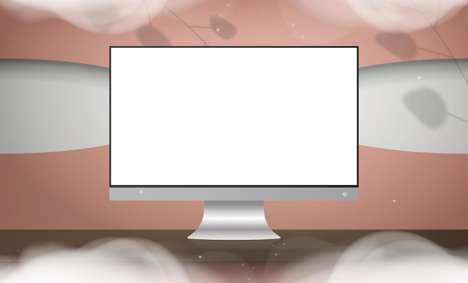 A monitor with a white screen stands on a wooden table. A pink room with a stylish design. Ready banner for your advertisement. Vector illustration. Realistic style.