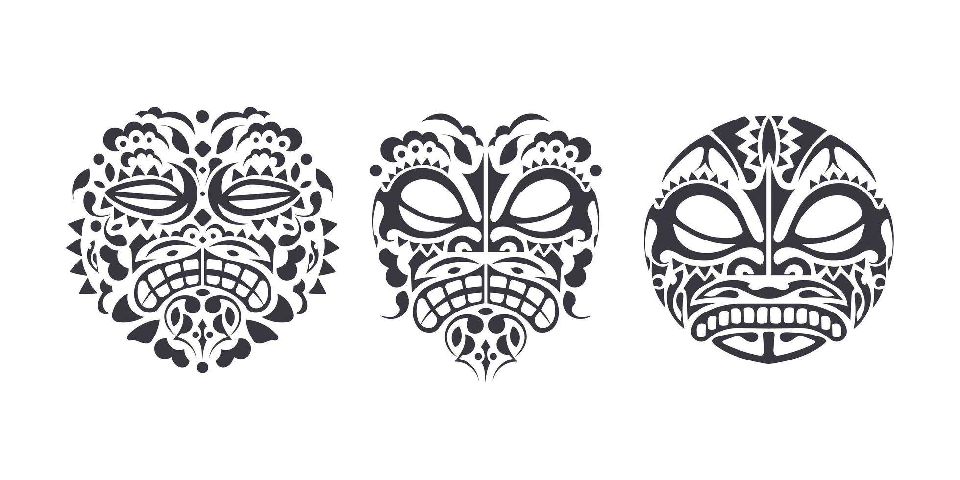 Hawaiian and Polynesian Tiki head totem. Vector design set - folk art tribal background.