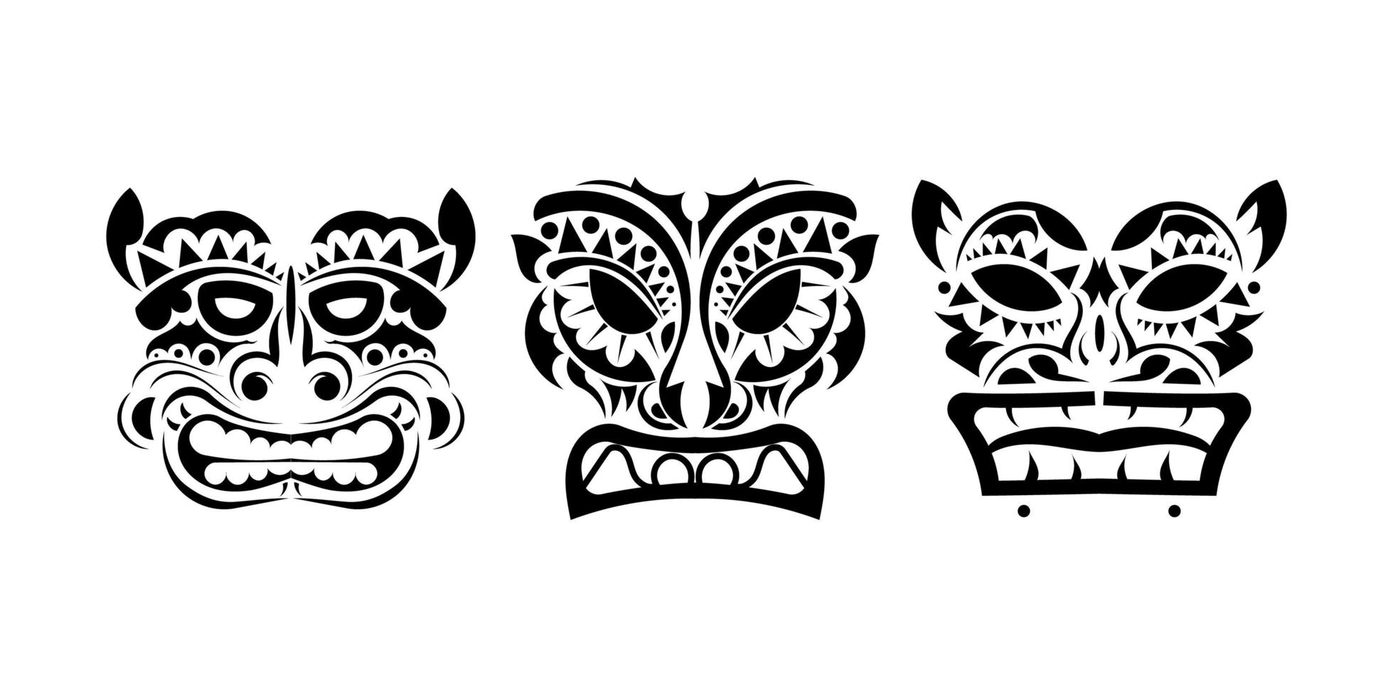 conjunto de caras de tatuajes o máscaras en estilo ornamental. patrones tribales polinesios, maoríes o hawaianos. vector